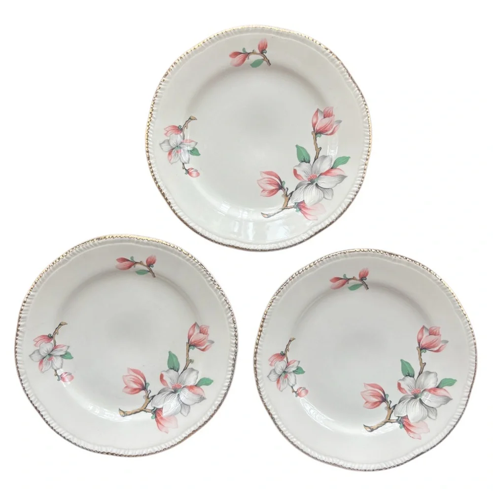 Homer Laughlin Dogwood Fine China Floral Plate Set Vintage Pink Gold Trim Pc Set
